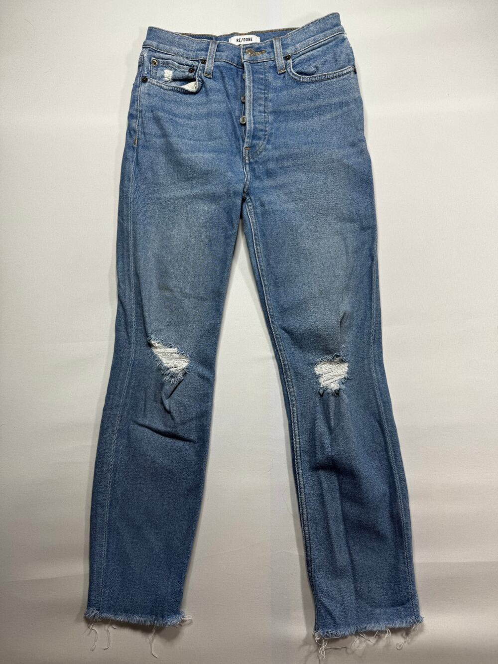 Re/Done Women's Button Fly Distressed‎ Tapered Leg Blue Denim Jeans - Size 26x26